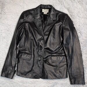 Clio Jacket Womens 12 Black Leather Coat Pockets Preppy Button Up Soft Comfort